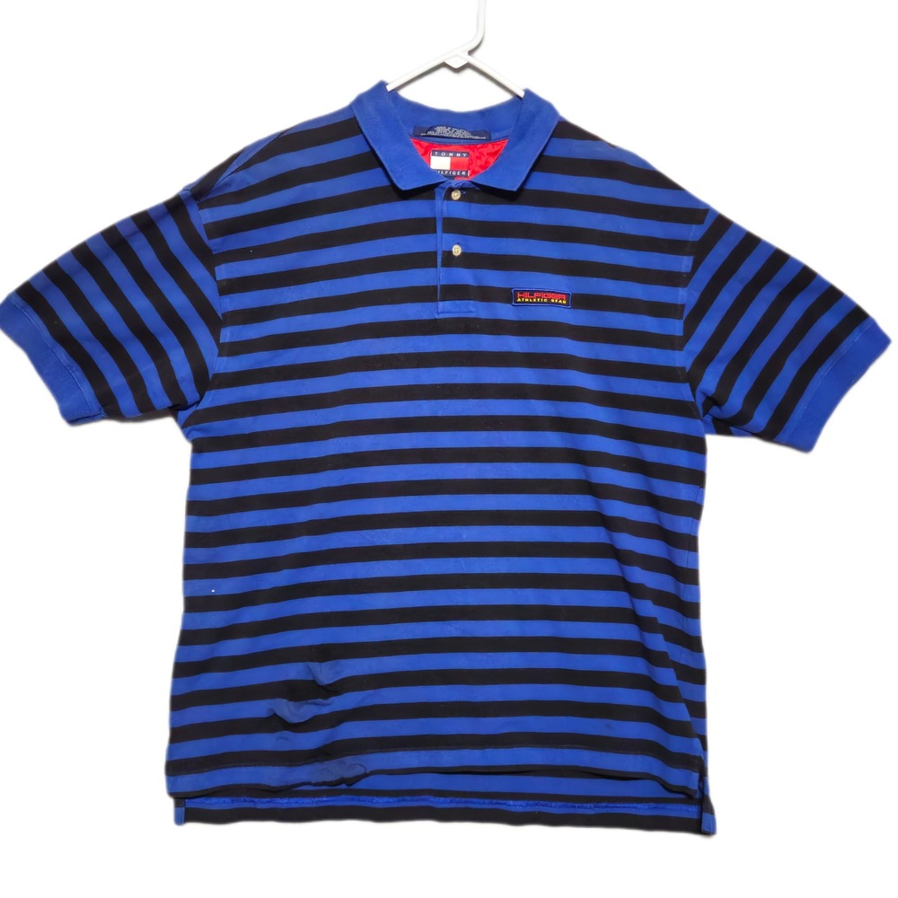 Tommy Hilfiger Polo Shirt Mens XL Blue Black Striped Athletic Gear Short Sleeve
